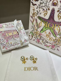 Dior złota gwiazda perła podwójne kolczyki kulkowe-3707