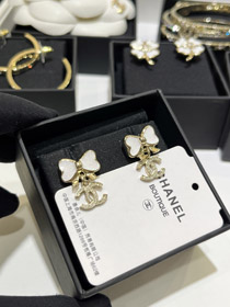 Chanel biały błysk emali łuk złoto pełny diament podwójne kolczyki C-3745  